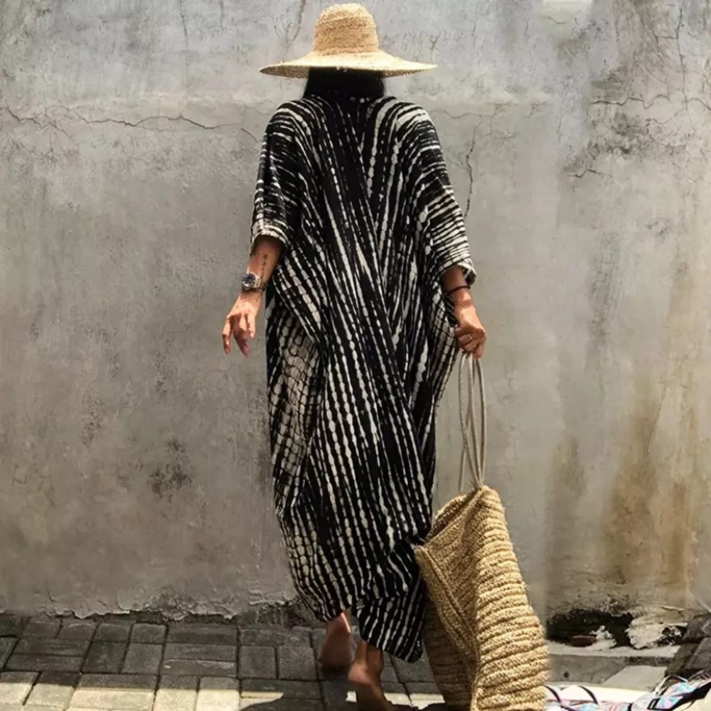 Black Tie Dye Boho Swim Coverup Kimono Robe - Picture 4 of 4